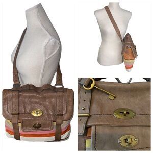 Fossil Vintage Striped Leather & Suede Messenger Bag RARE